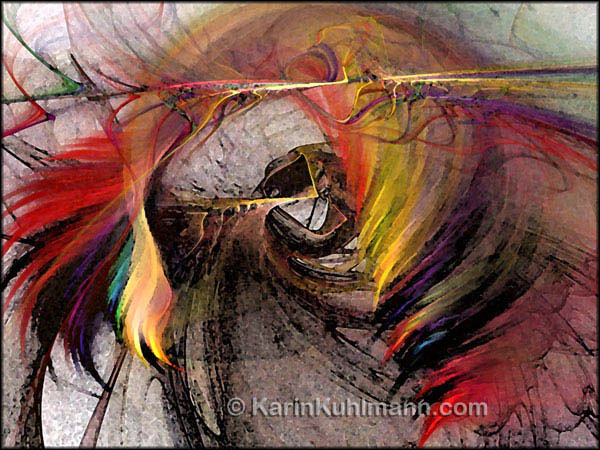 Abstrakte Illustration "The Huntress", abstrakte Bildkomposition im Stil des Expressionismus. Digitale Kunst, gestaltet mit dem Computer von Karin Kuhlmann.