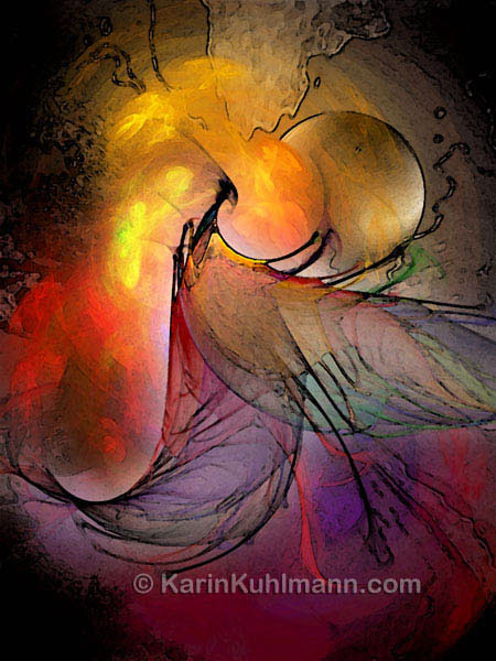 Abstrakte Illustration "Feuervogel", abstrakte Bildkomposition im Stil des Expressionismus. Digitale Kunst, gestaltet mit dem Computer von Karin Kuhlmann.