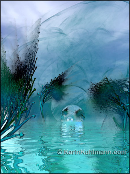 surrealistische Illustration "Blaue Wasser Landschaftr", Digitale Kunst mit Mixed Media von Karin Kuhlmann.