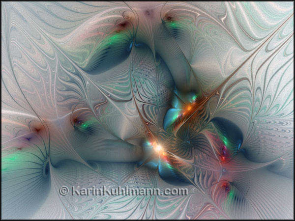 Abstrakte Illustration ":Bankett fuer eine Meerjungfrau", abstraktes, blaues Fraktal Bild mit Spiralen. Digitale Kunst, gestaltet mit dem Computer von Karin Kuhlmann.
