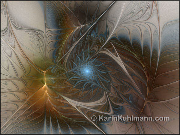Abstrakte Illustration ":Die Innere Kraft", abstraktes, blaues Fraktal Bild mit Spiralen. Digitale Kunst, gestaltet mit dem Computer von Karin Kuhlmann.