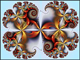 Rot goldenes Fraktalbild "Kostbarkeiten", geometrisch abstraktes Fraktal mit Spiralen. Digitale Kunst.