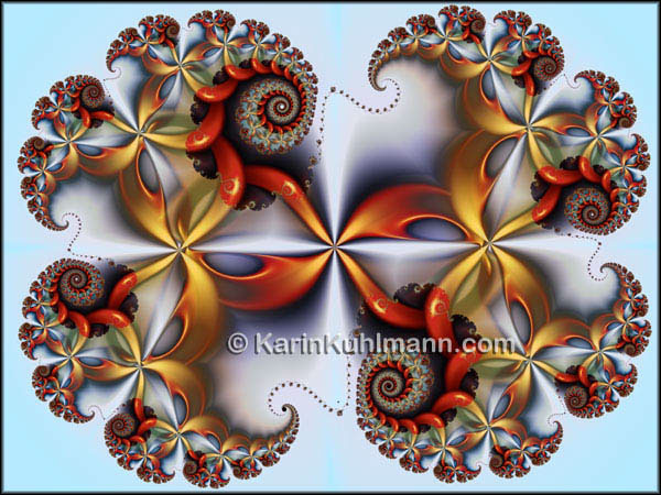 Rot gelbes Fraktal Design "Kostbarkeiten", geometrisch abstraktes Fraktalbild mit Spiralen. Digitale Kunst, gestaltet mit dem Computer von Karin Kuhlmann.