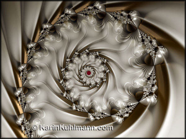 Weisses Fraktal Design "Porzellan Spirale", geometrisch abstraktes Fraktalbild mit zentrierter Spirale. Digitale Kunst, gestaltet mit dem Computer von Karin Kuhlmann.