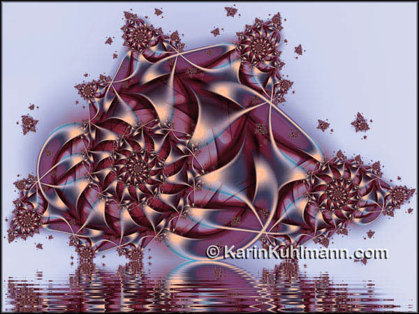 Blaues Fraktal Design "Strandlaeufer", geometrisch abstraktes Fraktalbild mit Spiralen. Digitale Kunst, gestaltet mit dem Computer von Karin Kuhlmann.