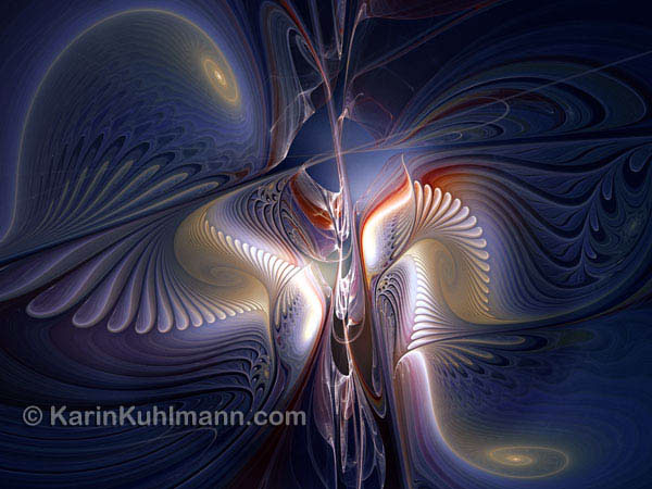 Abstrakte Illustration "Blaue Naechte", abstraktes Fraktal Bild mit elfenbein farbigen Spiralen. Digitale Kunst, gestaltet mit dem Computer von Karin Kuhlmann.