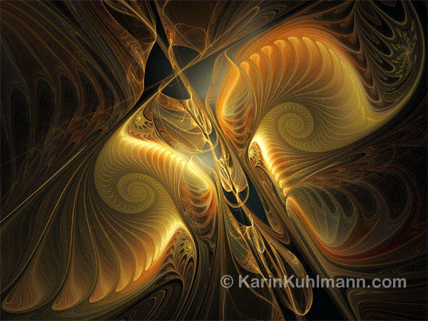 Abstrakte Illustration "Harmonie", abstraktes Fraktal Bild mit rot goldenen Spiralen. Digitale Kunst, gestaltet mit dem Computer von Karin Kuhlmann.