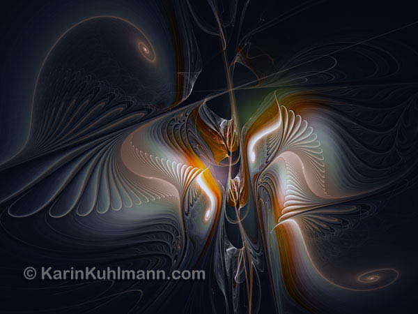 Abstrakte Illustration "Mondschein Spiralen", abstraktes Fraktal Bild mit pastell farbigen Spiralen. Digitale Kunst, gestaltet mit dem Computer von Karin Kuhlmann.