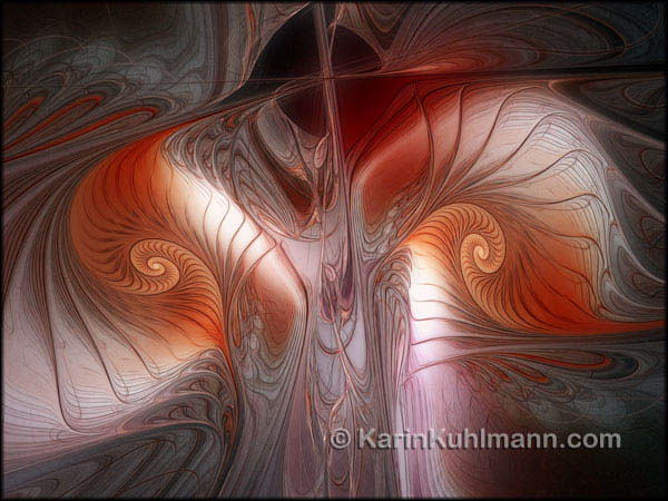 Abstrakte Illustration "Morgenroete", abstraktes Fraktal Bild mit pink farbenen Spiralen. Digitale Kunst, gestaltet mit dem Computer von Karin Kuhlmann.