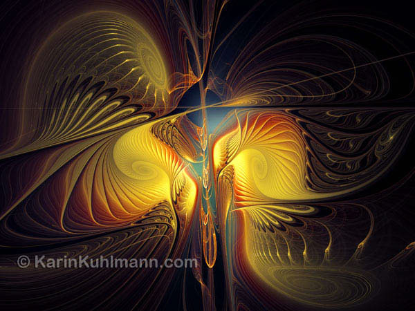 Abstrakte Illustration "Nachtaufnahme", abstraktes Fraktal Bild mit gold gelben Spiralen. Digitale Kunst, gestaltet mit dem Computer von Karin Kuhlmann.