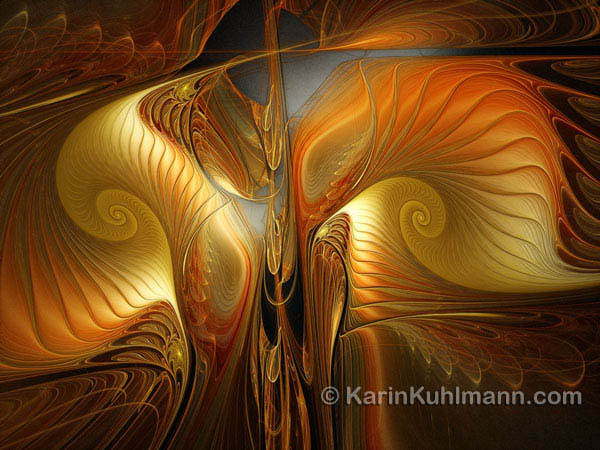 Abstrakte Illustration "Surreale Spiral Landschaft", abstraktes Fraktal Bild mit rot goldenen Spiralen. Digitale Kunst, gestaltet mit dem Computer von Karin Kuhlmann.