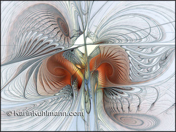Abstrakte Illustration "Die Feinheiten der Mathematik", abstraktes Fraktal Bild mit roten Spiralen. Digitale Kunst, gestaltet mit dem Computer von Karin Kuhlmann.