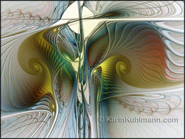 Abstrakte Illustration "Spiralen Romanze", abstraktes Fraktal Bild mit goldenen Spiralen. Digitale Kunst, gestaltet mit dem Computer von Karin Kuhlmann.
