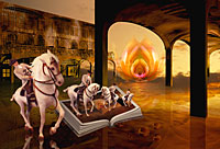 Beispiel digitale 3D-Kunst. §d-Bild, erstellt mit Corel Dream 3d, in Form einer Collage ergänzt mit Computer Malerei.